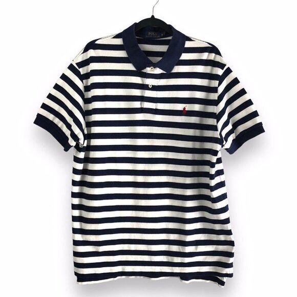 Polo Ralph Lauren Men's XL White Blue Striped Pullover‎ Polo Shirt Red Pony Work - Picture 1 of 16